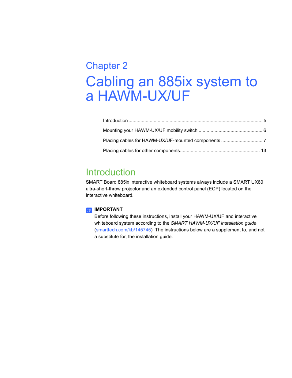 Cabling an 885ix system to a hawm-ux/uf, Introduction, Cabling an 885ix | Chapter 2 | Smart Inventions SMART Height-Adjustable Wall mount HAWM-UX/UF User Manual | Page 9 / 94