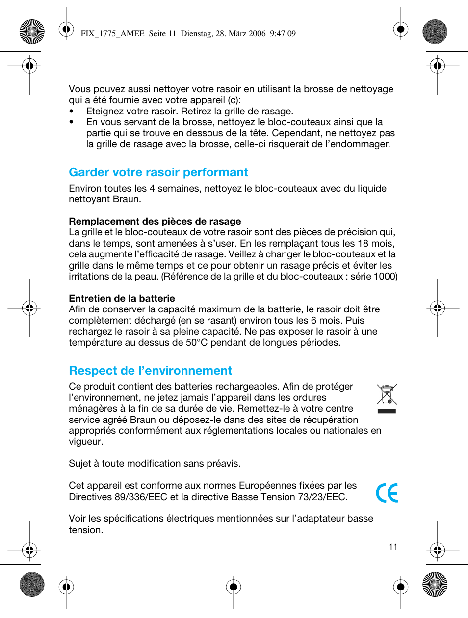 Garder votre rasoir performant, Respect de l’environnement | Braun 1775 User Manual | Page 10 / 53