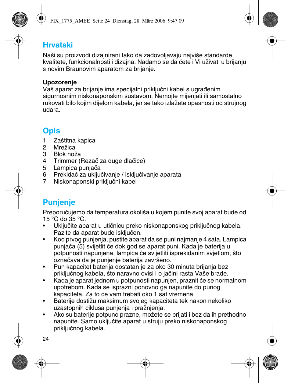 Hrvatski, Opis, Punjenje | Braun 1775 User Manual | Page 23 / 53