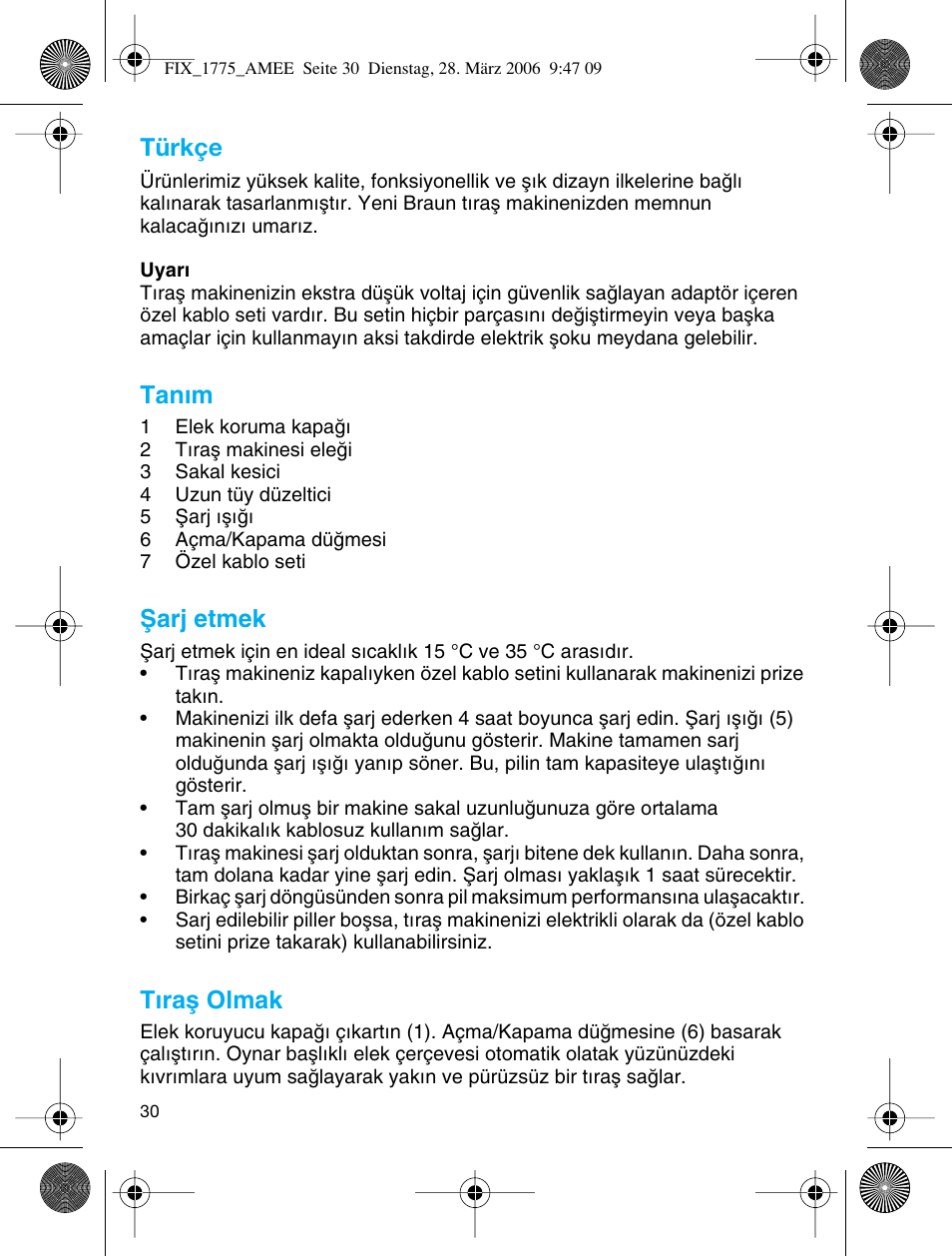 Türkçe, Tanım, Ωarj etmek | Tıraµ olmak | Braun 1775 User Manual | Page 29 / 53