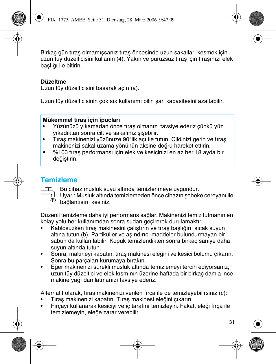 Temizleme | Braun 1775 User Manual | Page 30 / 53