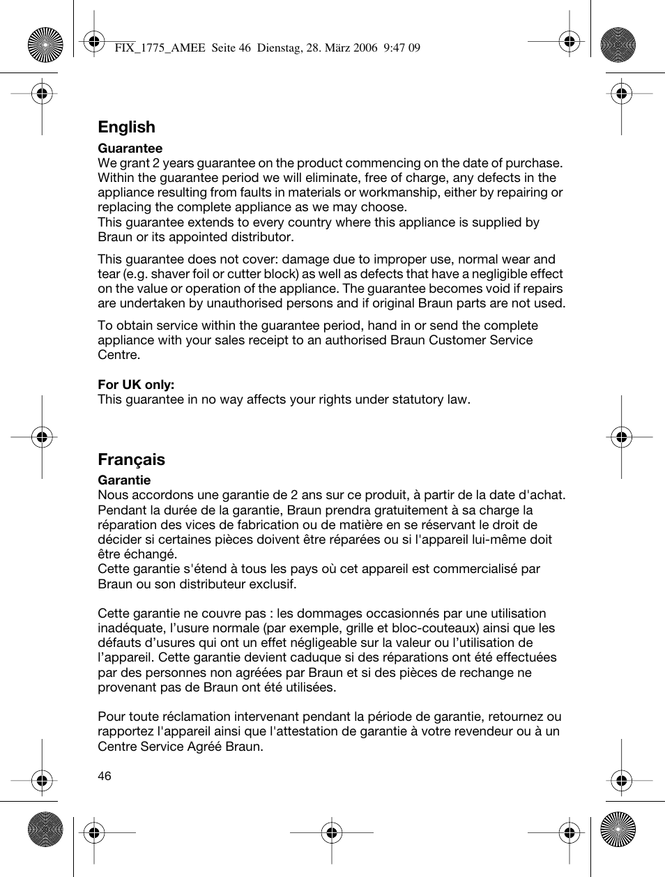 English, Français | Braun 1775 User Manual | Page 45 / 53