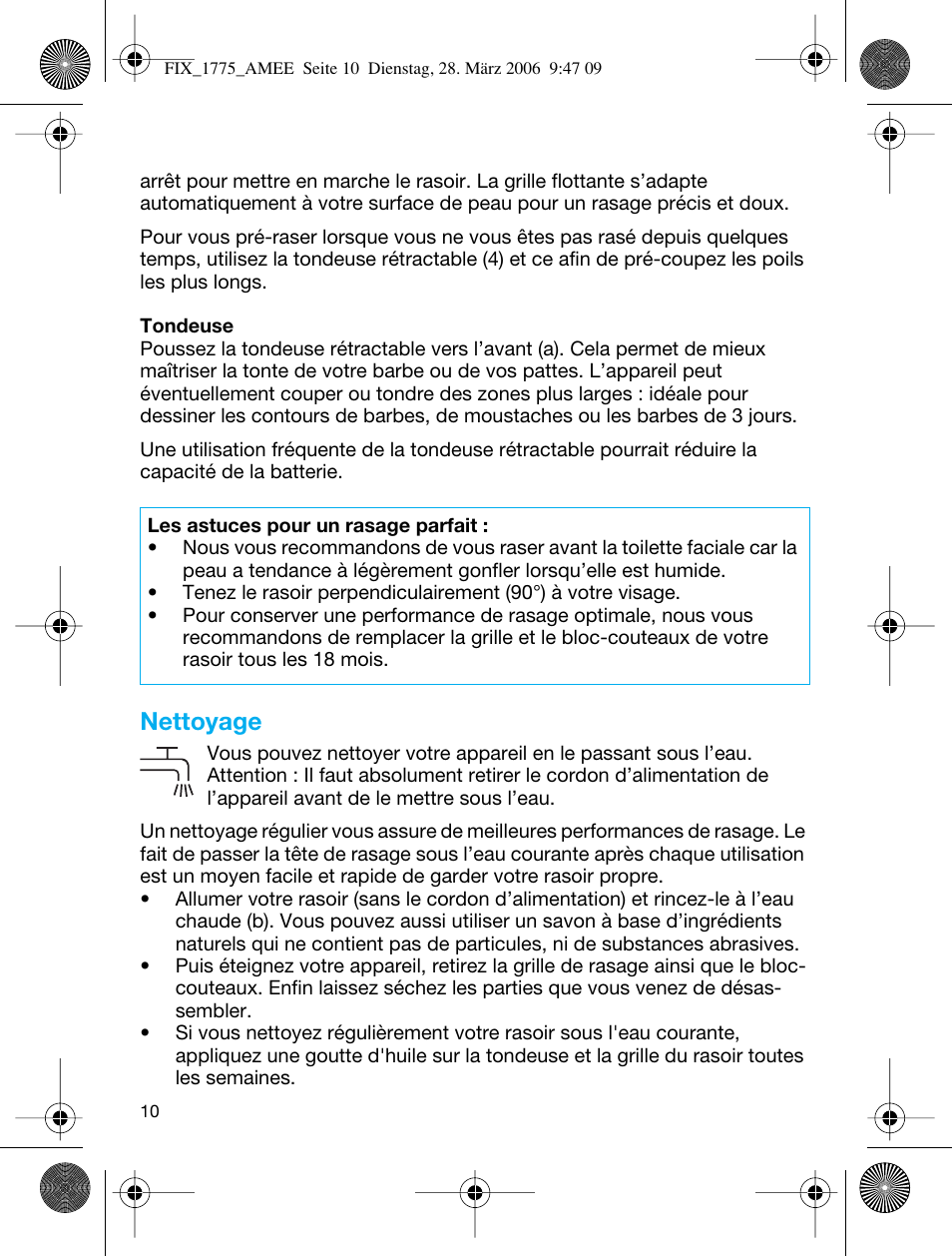 Nettoyage | Braun 1775 User Manual | Page 9 / 53