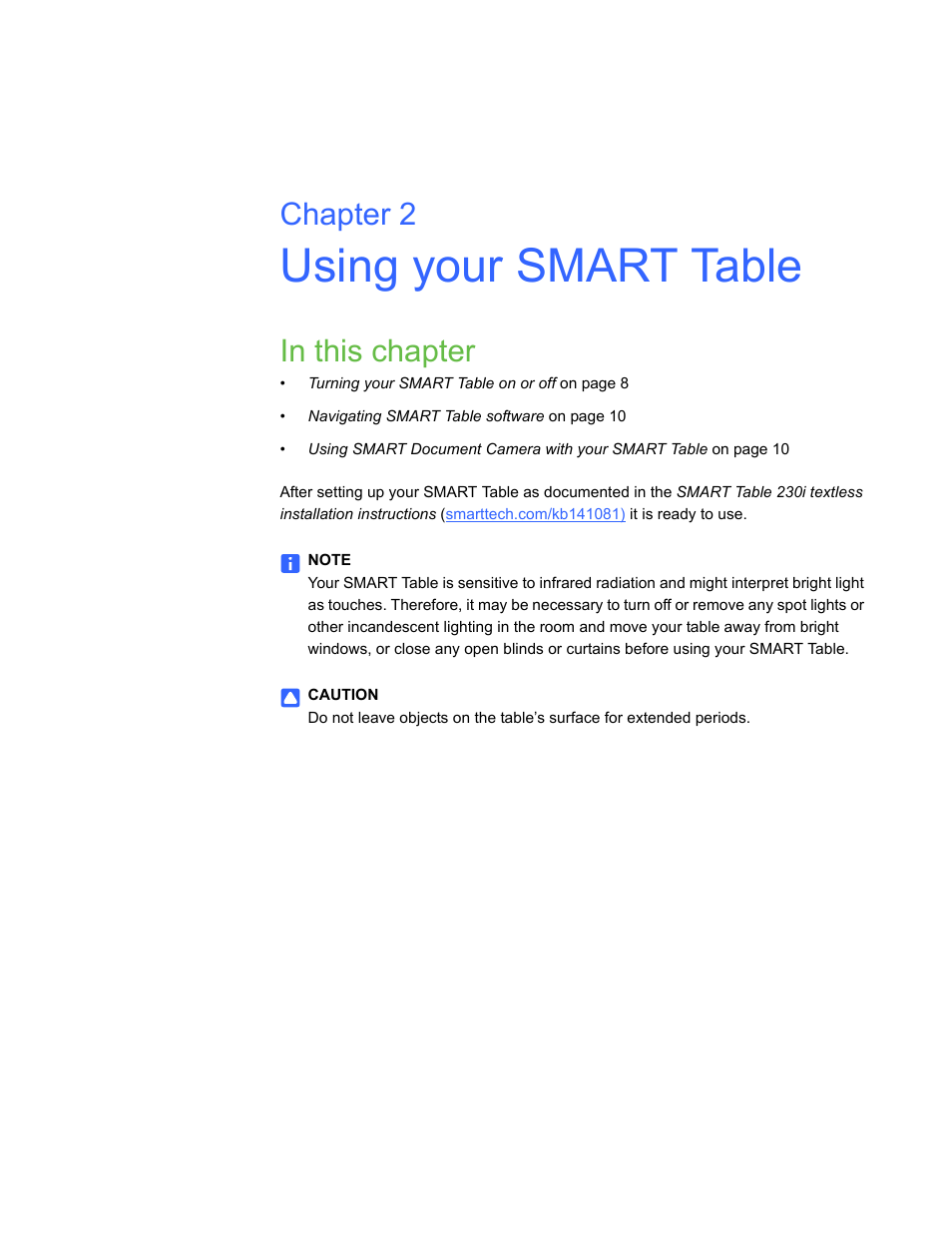 Using your smart table, In this chapter, Chapter 2 | Smart Inventions Smart Table tm 230i kb141081 User Manual | Page 15 / 36