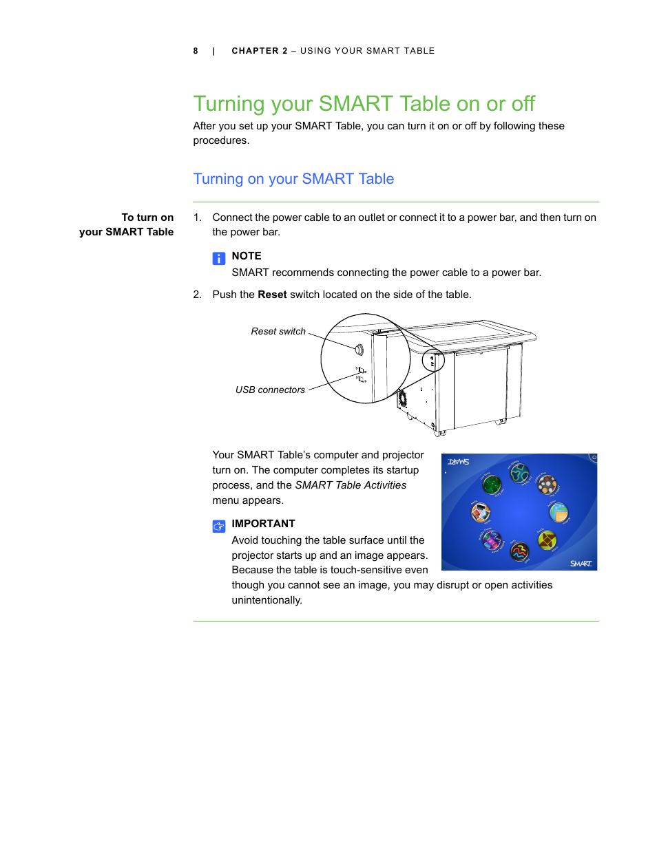 Turning your smart table on or off, Turning on your smart table | Smart Inventions Smart Table tm 230i kb141081 User Manual | Page 16 / 36