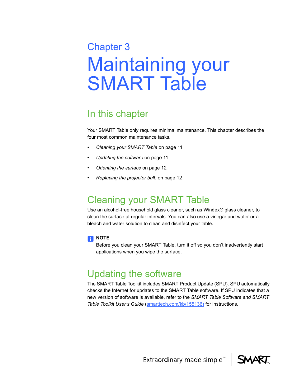Maintaining your smart table, In this chapter, Cleaning your smart table | Updating the software, Chapter 3 | Smart Inventions Smart Table tm 230i kb141081 User Manual | Page 19 / 36