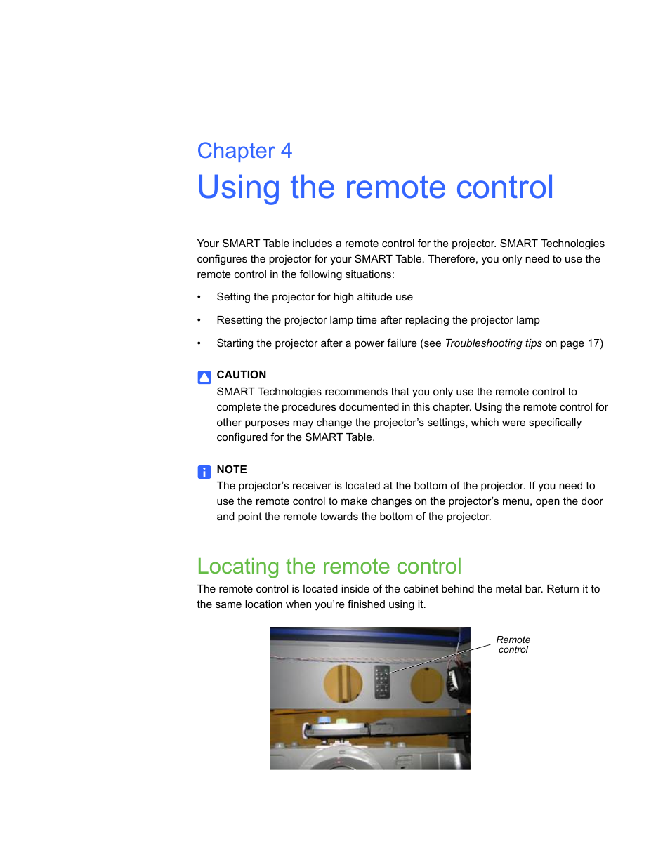 Using the remote control, Locating the remote control, Chapter 4 | Smart Inventions Smart Table tm 230i kb141081 User Manual | Page 21 / 36