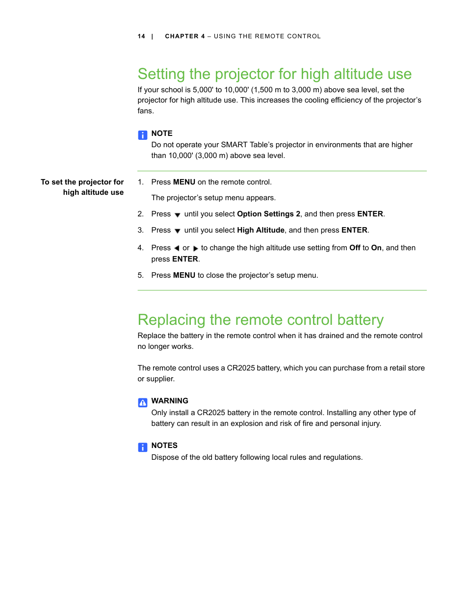 Setting the projector for high altitude use, Replacing the remote control battery | Smart Inventions Smart Table tm 230i kb141081 User Manual | Page 22 / 36