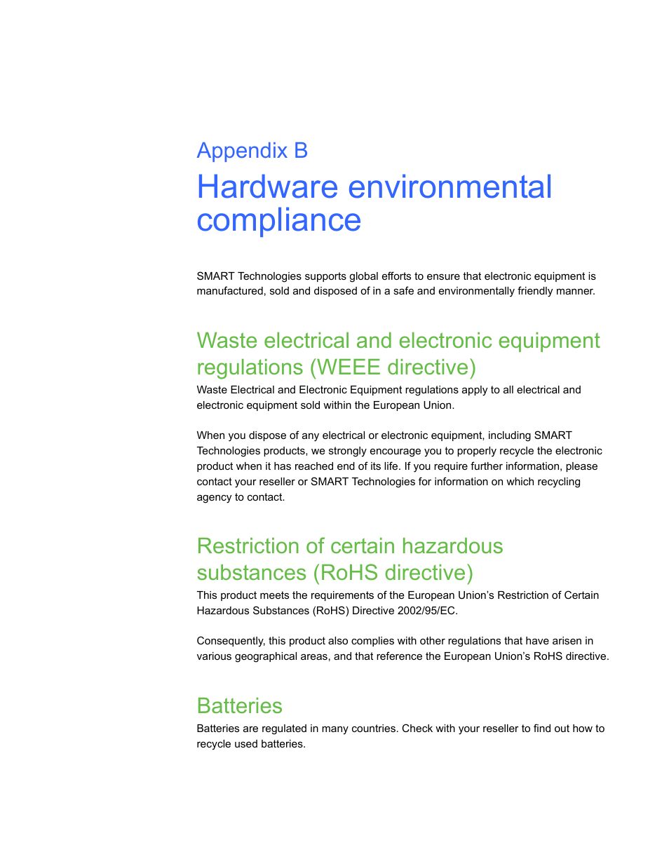 Hardware environmental compliance, Batteries, B hardware environmental compliance | Appendix b | Smart Inventions Smart Table tm 230i kb141081 User Manual | Page 31 / 36