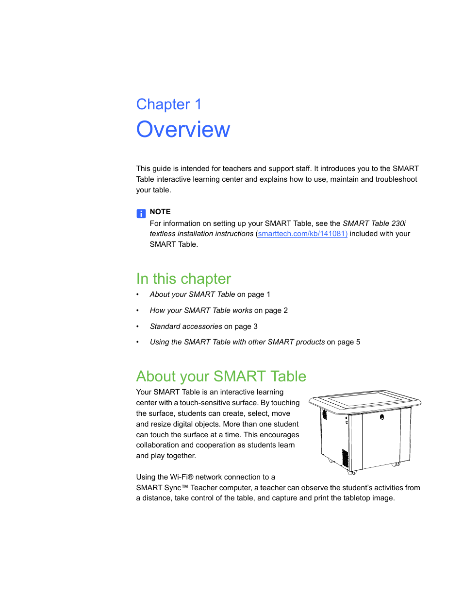 Overview, In this chapter, About your smart table | Chapter 1 | Smart Inventions Smart Table tm 230i kb141081 User Manual | Page 9 / 36