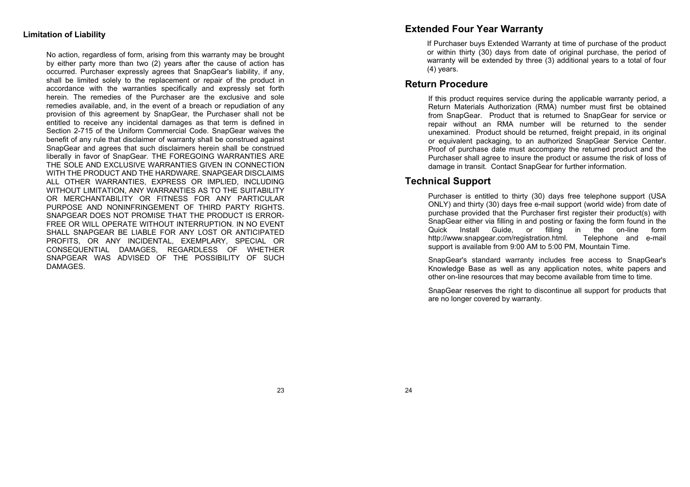 Extended four year warranty, Return procedure, Technical support | SnapGear SnapGear User Manual | Page 12 / 14