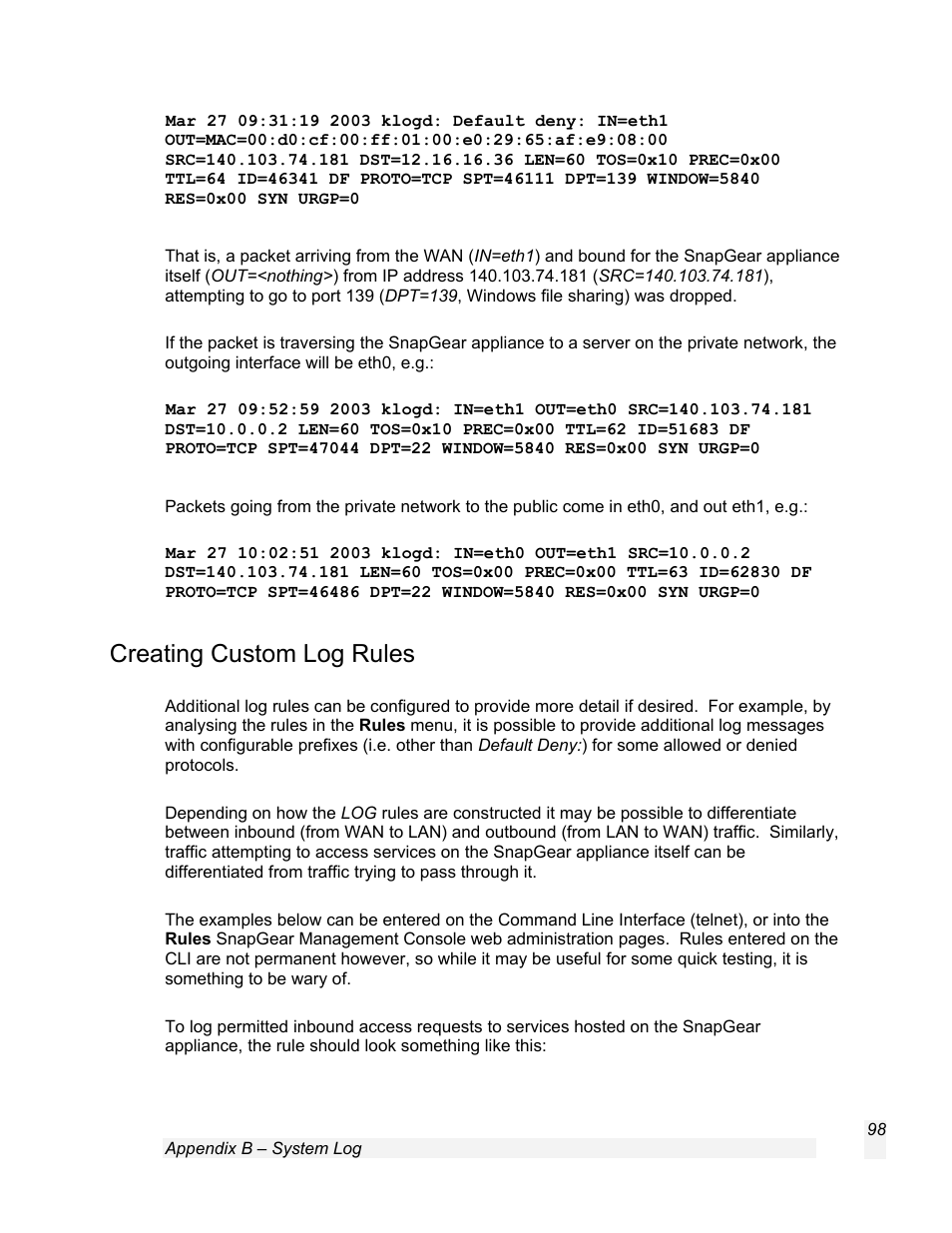 Creating custom log rules | SnapGear 1.7.8 User Manual | Page 101 / 105