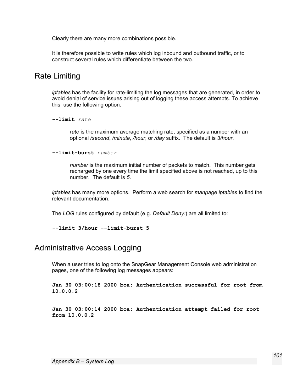 Rate limiting, Administrative access logging | SnapGear 1.7.8 User Manual | Page 104 / 105