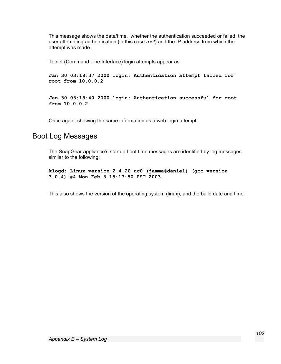 Boot log messages | SnapGear 1.7.8 User Manual | Page 105 / 105