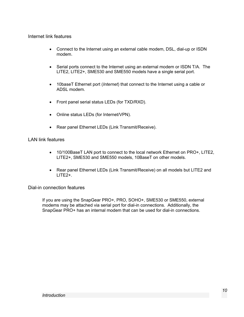 Internet link features, Lan link features, Dial-in connection features | SnapGear 1.7.8 User Manual | Page 13 / 105