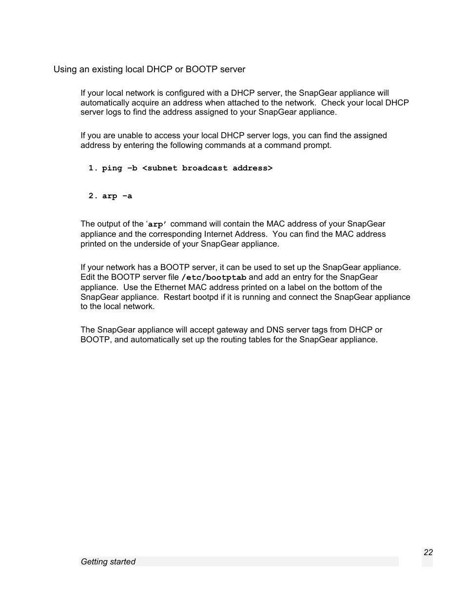 Using an existing local dhcp or bootp server | SnapGear 1.7.8 User Manual | Page 25 / 105