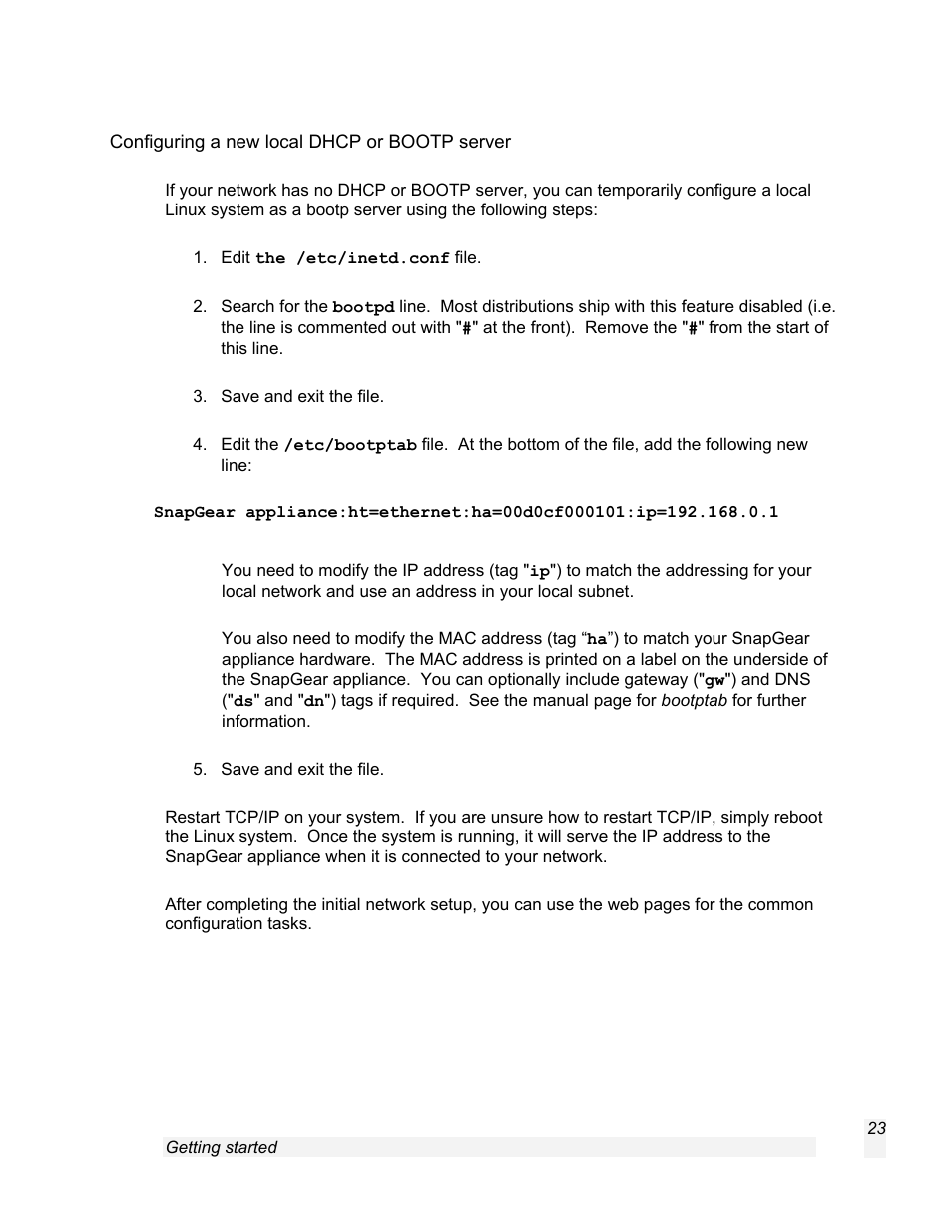 Configuring a new local dhcp or bootp server | SnapGear 1.7.8 User Manual | Page 26 / 105