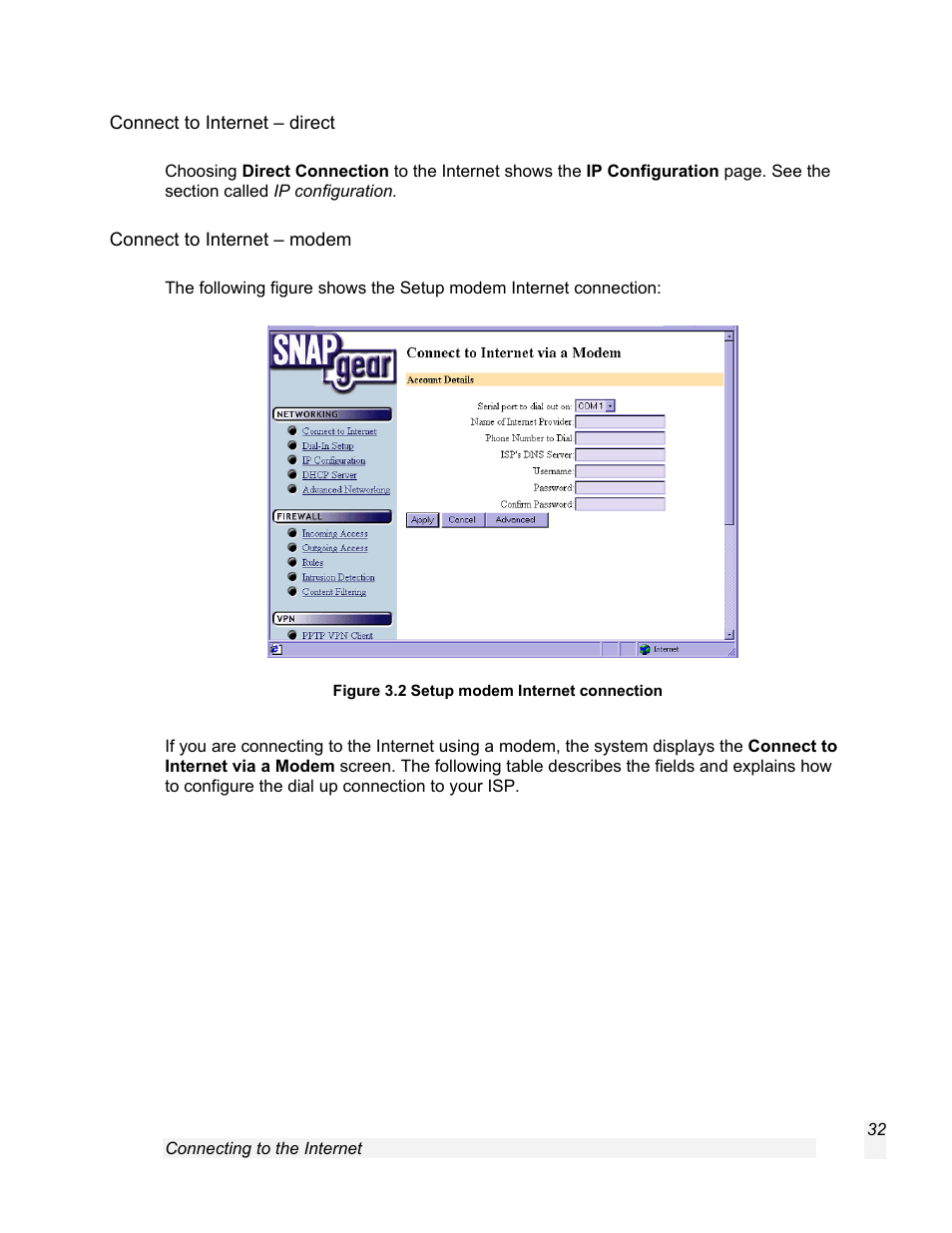Connect to internet – direct, Connect to internet – modem | SnapGear 1.7.8 User Manual | Page 35 / 105