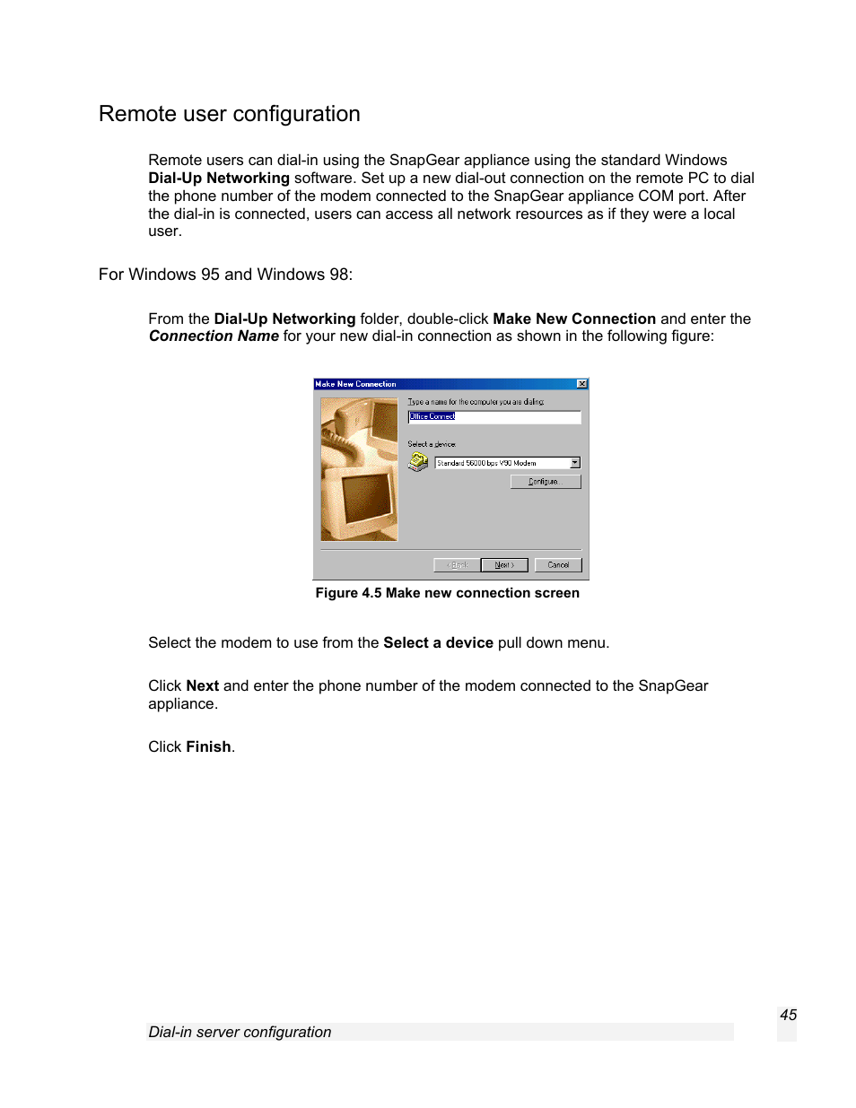 Remote user configuration, For windows 95 and windows 98 | SnapGear 1.7.8 User Manual | Page 48 / 105