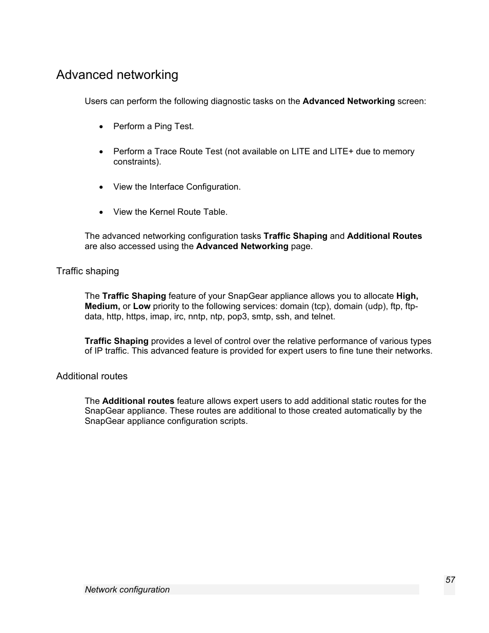 Advanced networking, Traffic shaping, Additional routes | SnapGear 1.7.8 User Manual | Page 60 / 105