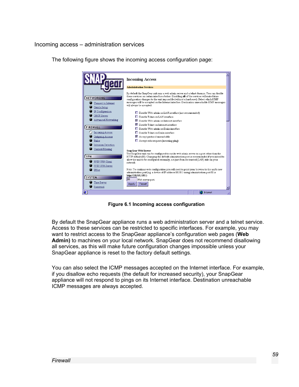 Incoming access – administration services | SnapGear 1.7.8 User Manual | Page 62 / 105
