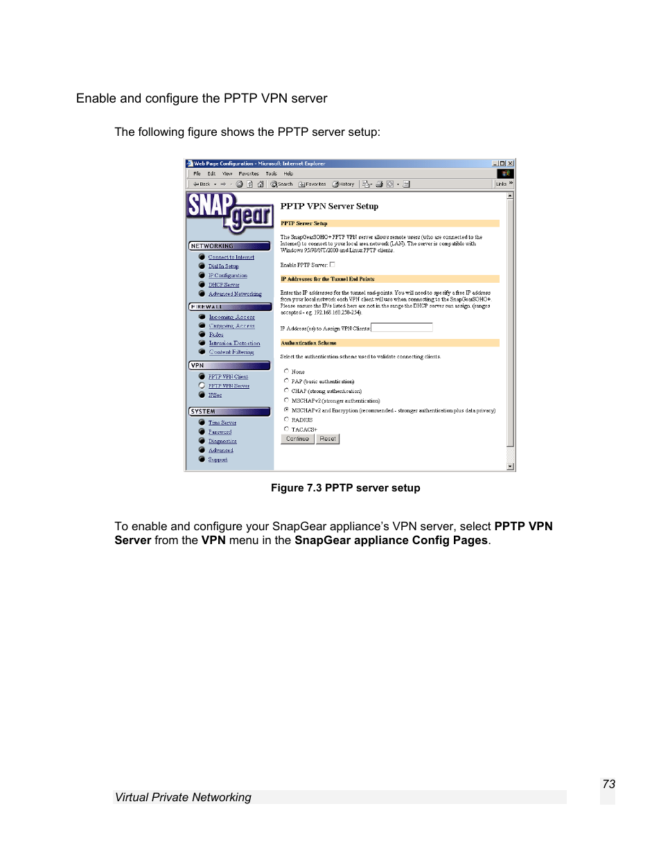 Enable and configure the pptp vpn server | SnapGear 1.7.8 User Manual | Page 76 / 105