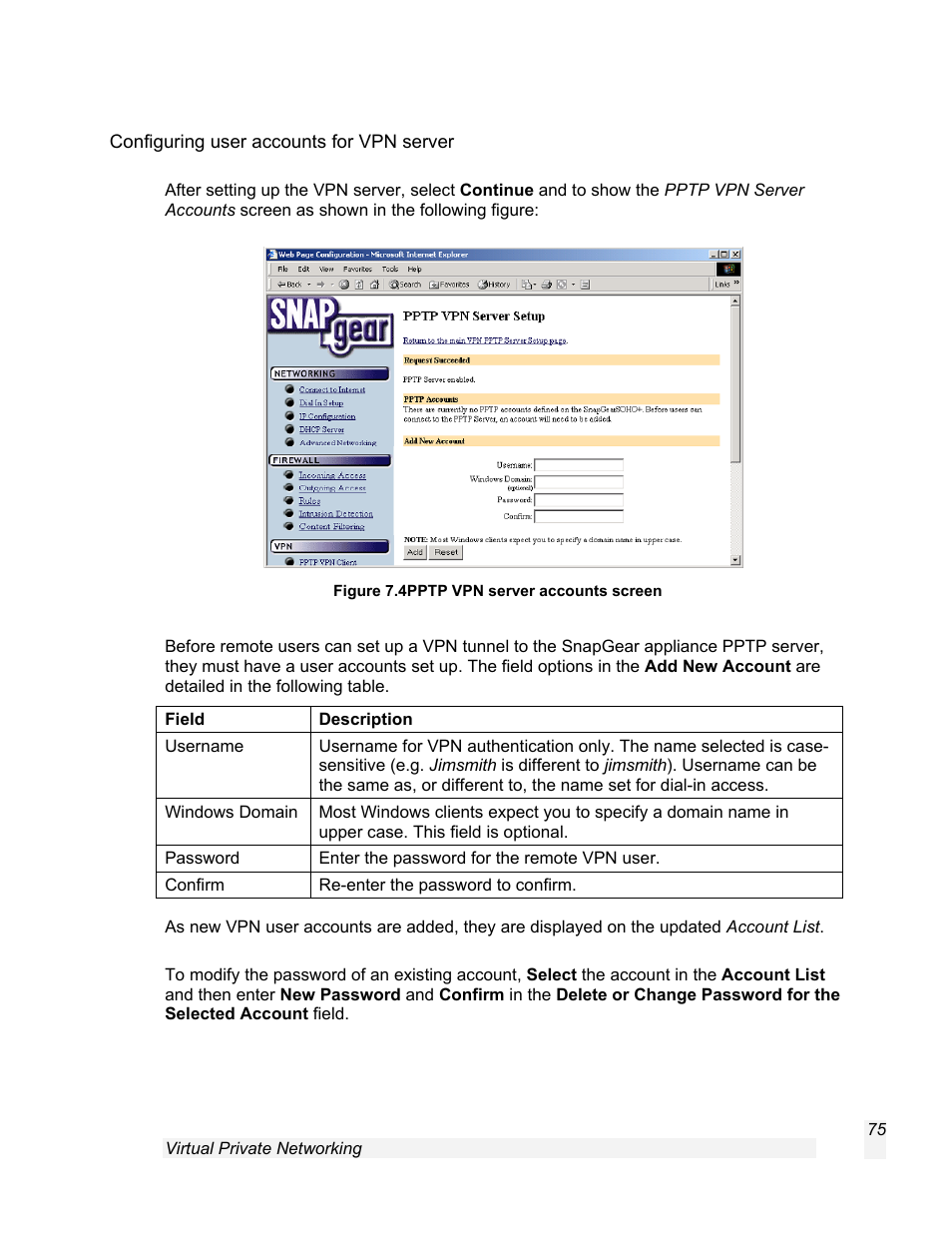 Configuring user accounts for vpn server | SnapGear 1.7.8 User Manual | Page 78 / 105