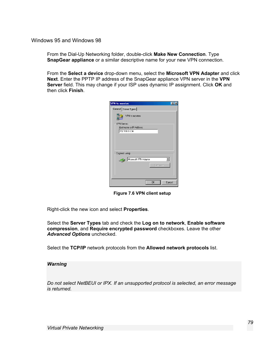 Windows 95 and windows 98 | SnapGear 1.7.8 User Manual | Page 82 / 105