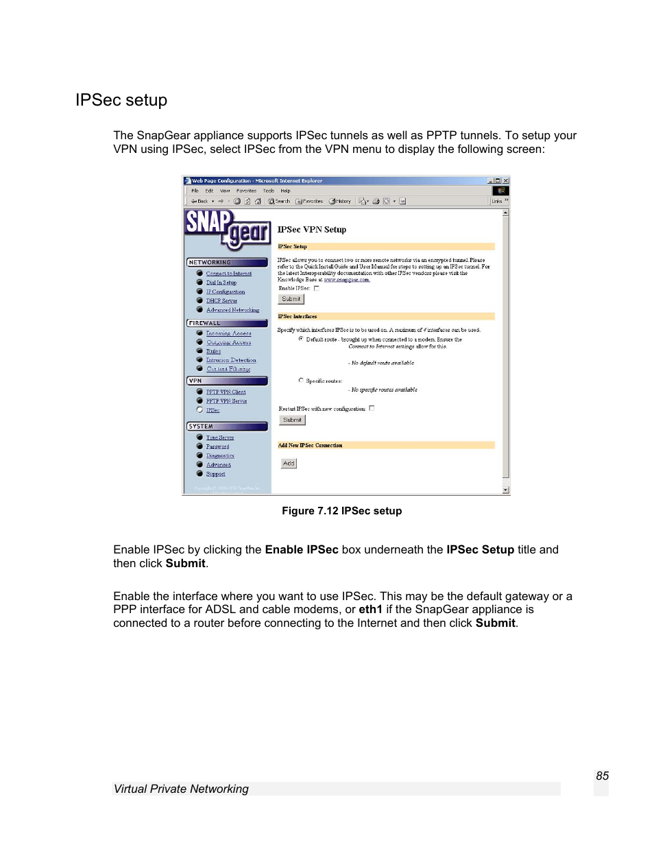 Ipsec setup | SnapGear 1.7.8 User Manual | Page 88 / 105