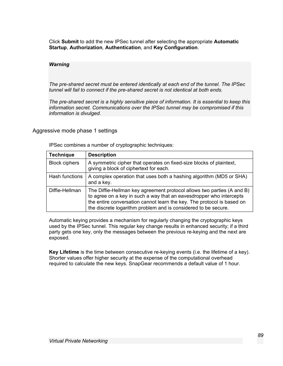 Aggressive mode phase 1 settings | SnapGear 1.7.8 User Manual | Page 92 / 105