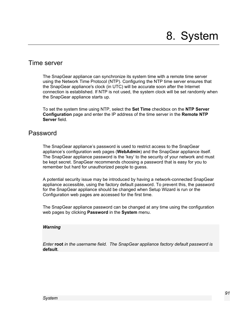 System, Time server, Password | SnapGear 1.7.8 User Manual | Page 94 / 105
