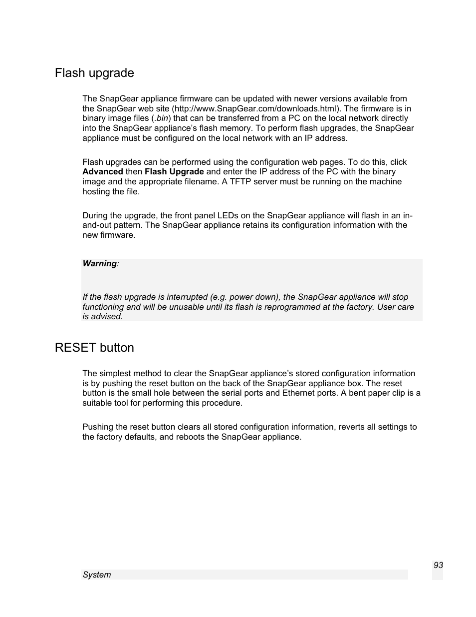 Flash upgrade, Reset button | SnapGear 1.7.8 User Manual | Page 96 / 105