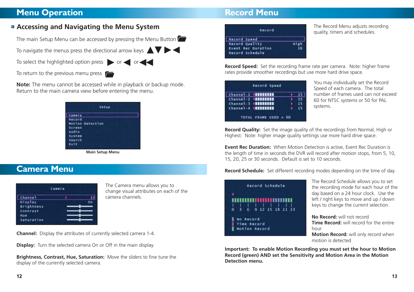 Menu operation camera menu, Record menu | Swann 4-1000 SW242-DU2 User Manual | Page 12 / 24