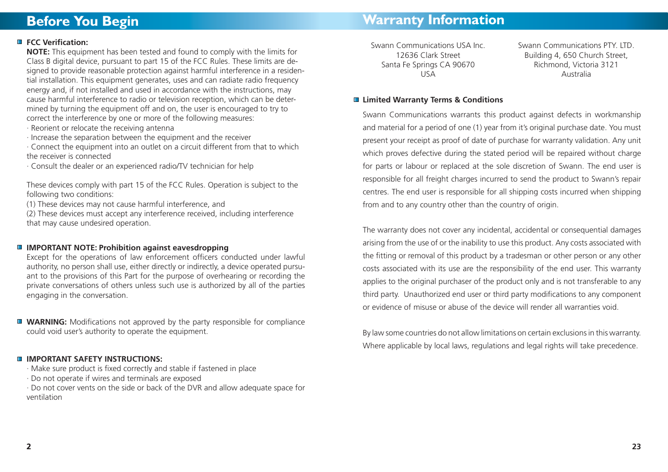 Before you begin, Warranty information | Swann 4-1000 SW242-DU2 User Manual | Page 23 / 24