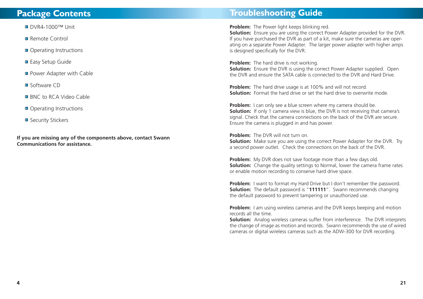 Package contents, Troubleshooting guide | Swann 4-1000 SW242-DU2 User Manual | Page 4 / 24