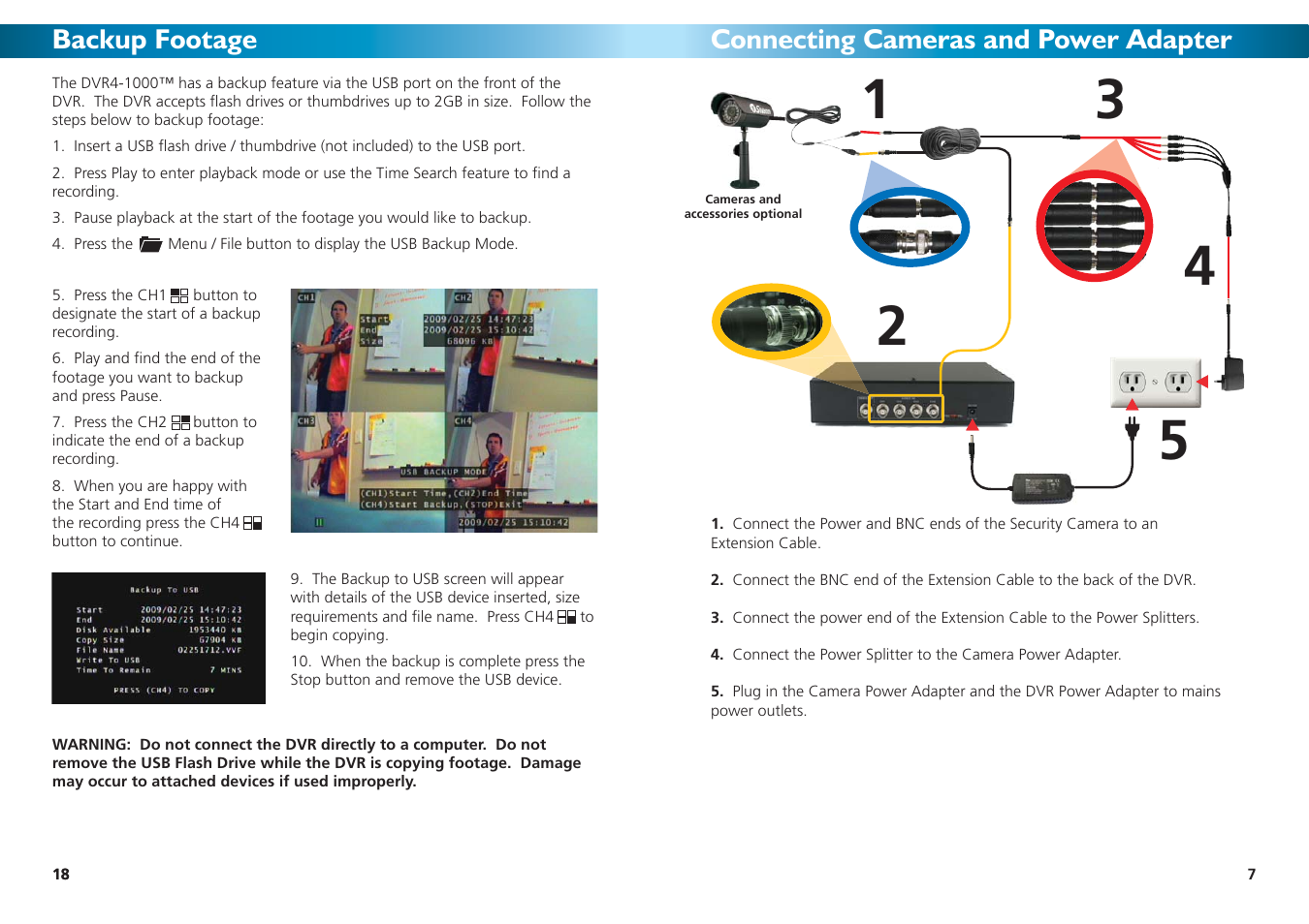 Backup footage, Connecting cameras and power adapter | Swann 4-1000 SW242-DU2 User Manual | Page 7 / 24