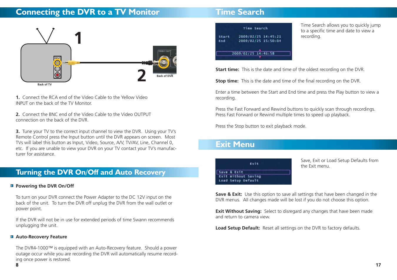 Connecting the dvr to a tv monitor, Time search exit menu, Turning the dvr on/off and auto recovery | Swann 4-1000 SW242-DU2 User Manual | Page 8 / 24