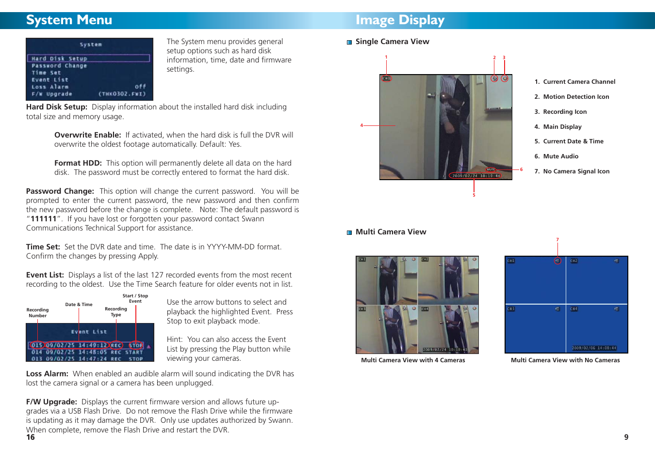 System menu, Image display | Swann 4-1000 SW242-DU2 User Manual | Page 9 / 24