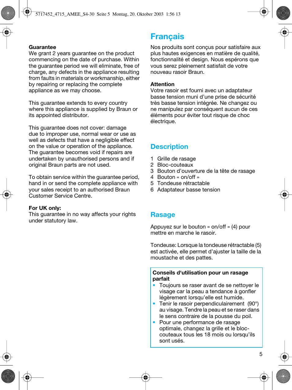 Français, Description, Rasage | Braun 4715 User Manual | Page 5 / 28