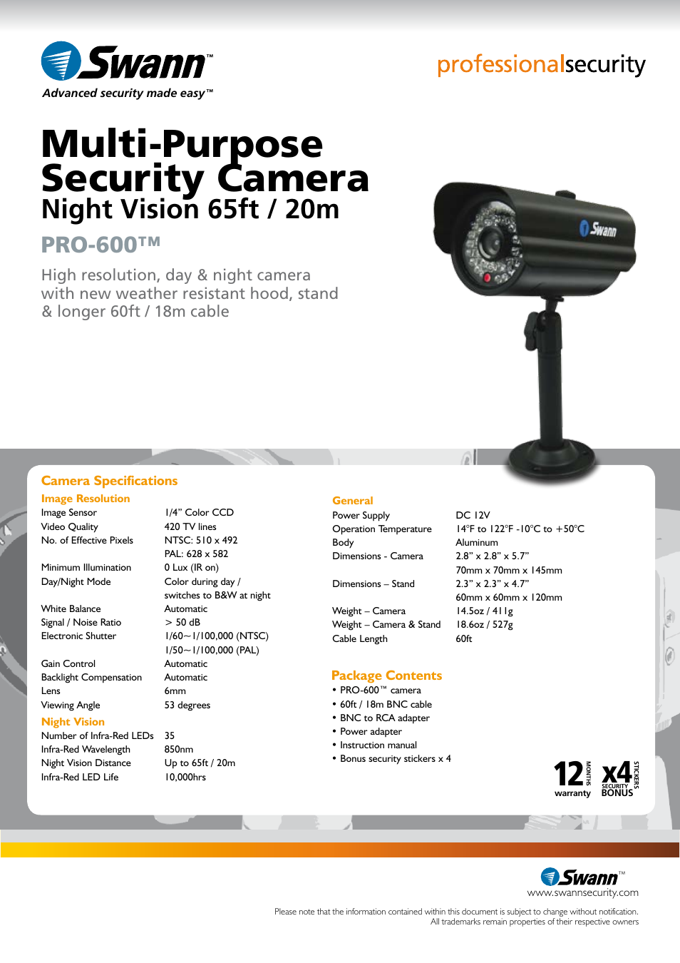 Multi-purpose security camera, Night vision 65ft / 20m, Pro-600 | Package contents, Camera specifications | Swann PRO-600 User Manual | Page 2 / 2