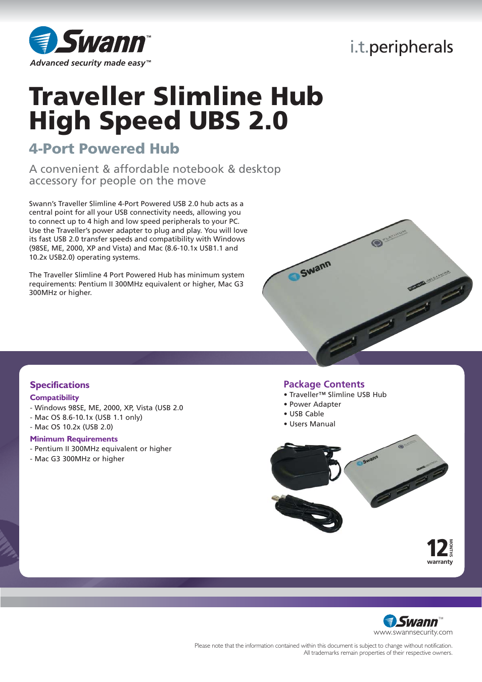 Traveller slimline hub high speed ubs 2.0, I.t. peripherals, Port powered hub | Swann SW120-4PS User Manual | Page 2 / 2