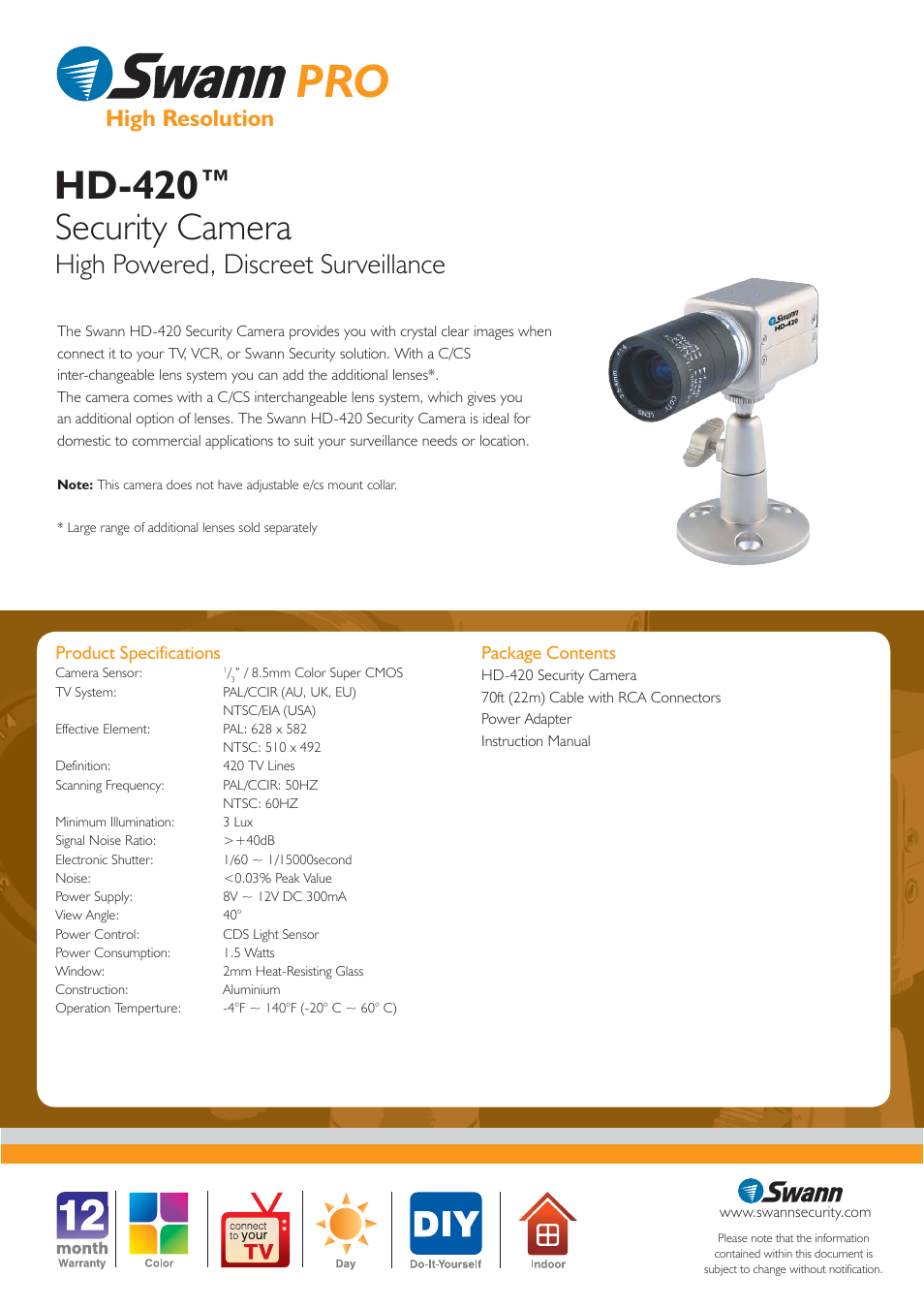 Hd-420, Security camera, High powered, discreet surveillance | High resolution | Swann HD-420 User Manual | Page 2 / 2
