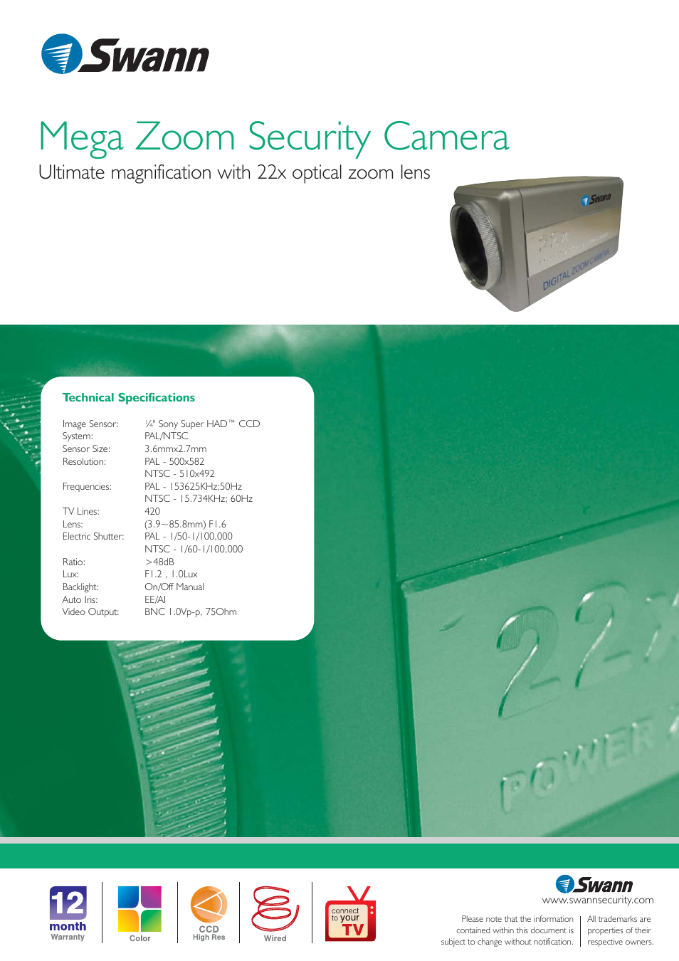 Mega zoom security camera, Ultimate magnification with 22x optical zoom lens | Swann 22x Zoom CCD Camera User Manual | Page 2 / 2