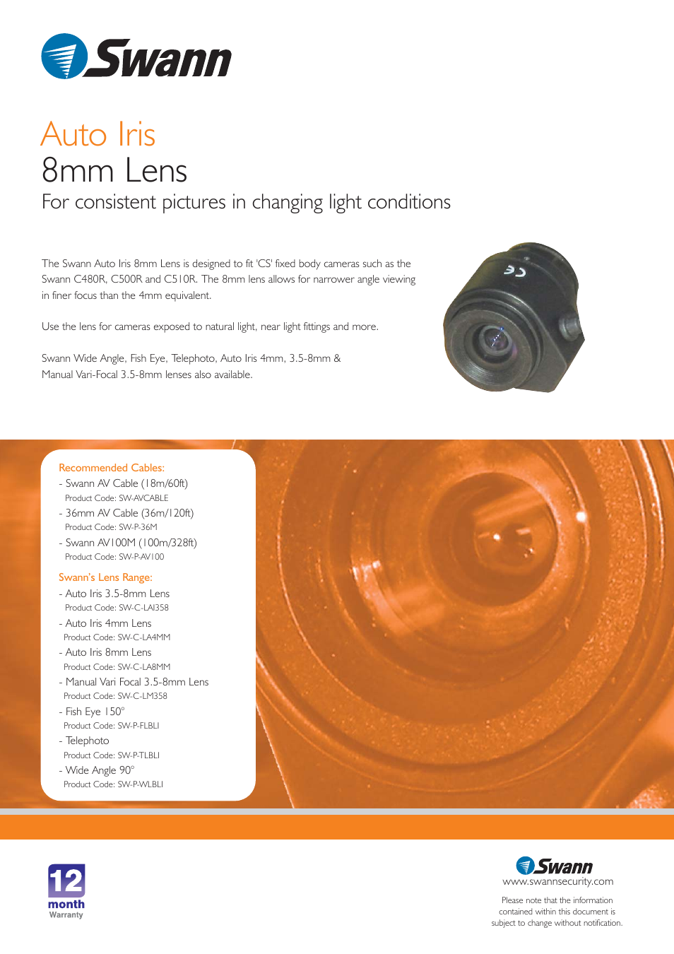 Auto iris 8mm lens | Swann SW-C-LA8MM User Manual | Page 2 / 2