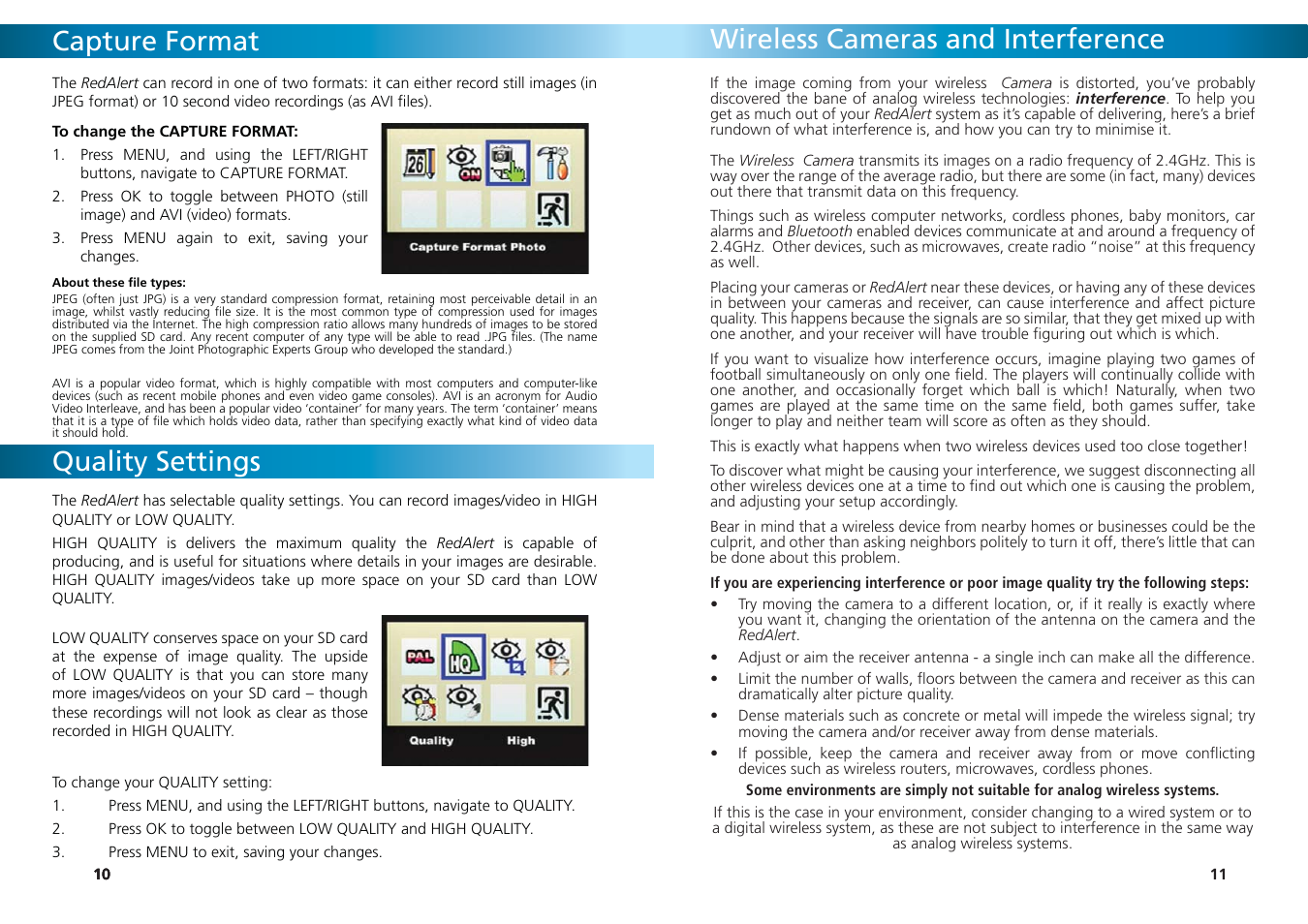 Capture format, Quality settings, Wireless cameras and interference | Swann REDALERT SW242-WRA User Manual | Page 10 / 20