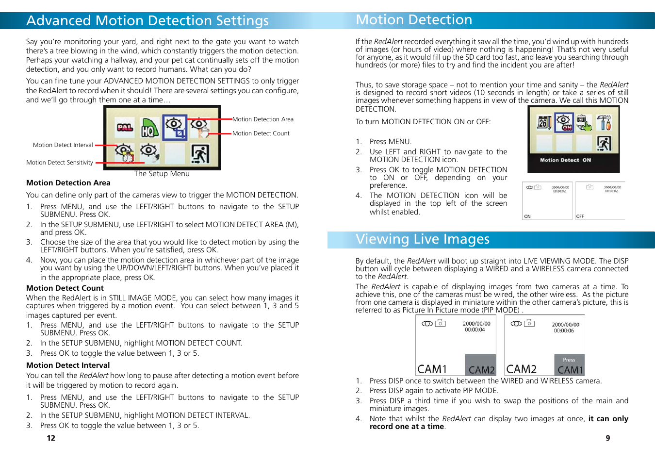 Advanced motion detection settings, Viewing live images, Motion detection | Swann REDALERT SW242-WRA User Manual | Page 12 / 20