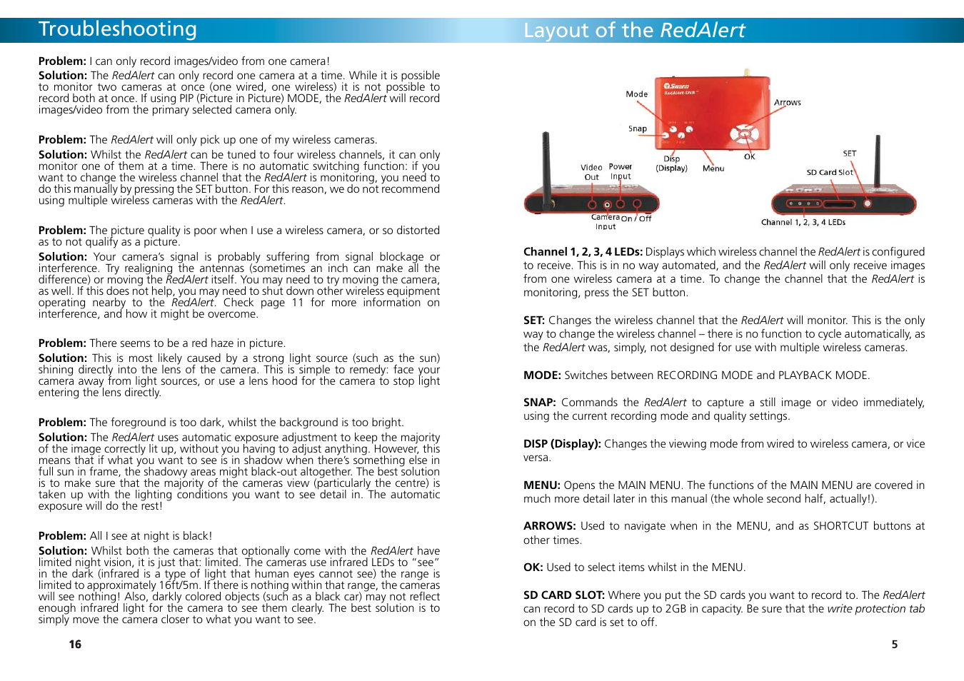 Troubleshooting, Layout of the redalert | Swann REDALERT SW242-WRA User Manual | Page 16 / 20