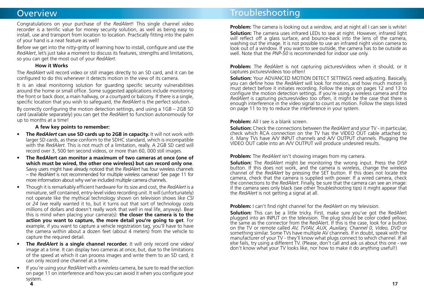 Overview, Troubleshooting | Swann REDALERT SW242-WRA User Manual | Page 17 / 20