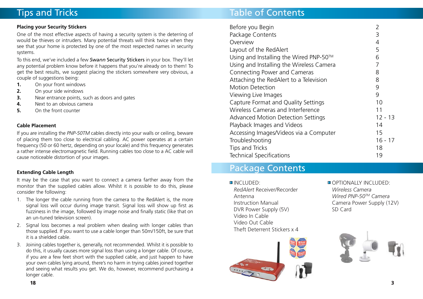 Tips and tricks, Table of contents package contents | Swann REDALERT SW242-WRA User Manual | Page 18 / 20