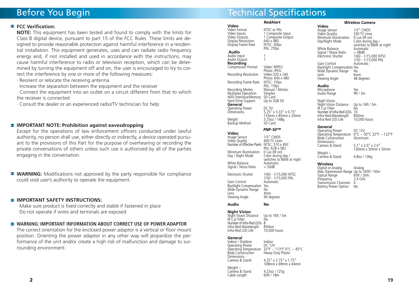 Before you begin, Technical specifi cations | Swann REDALERT SW242-WRA User Manual | Page 19 / 20